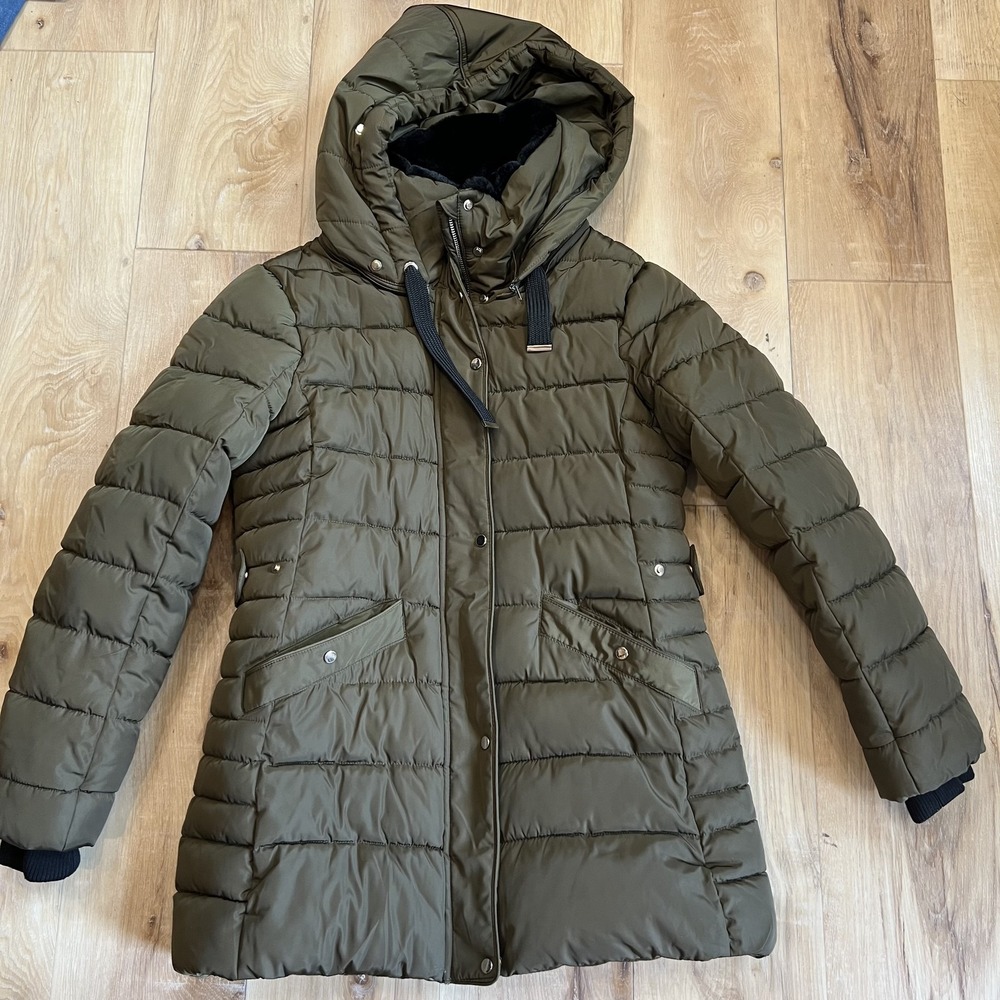 Zara TRF Collection Coat Womens Medium Green Puffer Hooded Faux Fur Lined Zip